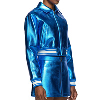 Veste Courte Imprimée Hiver Bleu Royal Scintillant en Cuir de Vachette Véritable Imperméable Grande Taille avec Fermeture Éclair Réversible de Haute Qualité