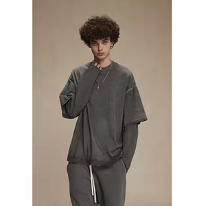 Sudadera de manga de doble capa Unisex de algodón grueso 100%, camisa superior de lavado ácido de gran tamaño con hombros caídos para hombres para invierno - Product Image 3