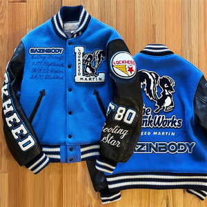 Veste de baseball en cuir avec patchs brodés en chenille personnalisés, veste bomber en laine bleue pour homme - Product Image 3