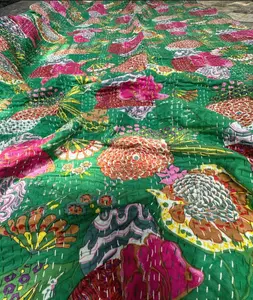 Индийское Зеленое одеяло Kantha с принтом, одеяло ручной работы Kantha, покрывало Gudari Kantha, на продажу, подарок