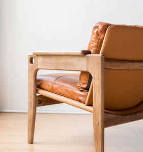 Retro Style Living Room Brown Leather Single <b>Sofa</b> Oak Wood Frame Leisure Arm Lounge Chair - Product Image 6