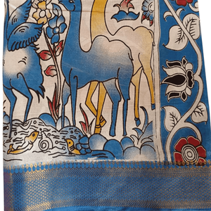 Sari de Algodón Kalamkari Azul Marfil con Decoración Bordada - Product Image 3