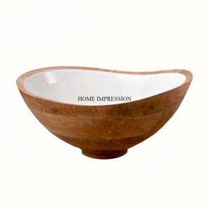 Bol en bois de service rustique avec couleur blanche émaillée à l'intérieur des bols de service et de salade du fabricant indien de grande qualité - Product Image 1