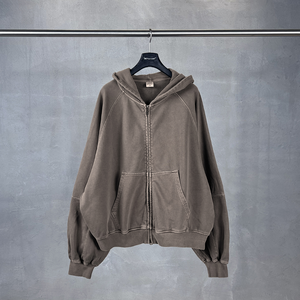 <b>Mens</b> Dark <b>Grey</b> Solid Vintage Wash Oversized Full Zip Hoodie Long Sleeve Casual Streetwear Activewear OEM ODM Wholesale Apparel - Product Image 5