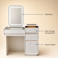 Meuble de Rangement Moderne Blanc en Bois avec Miroir LED, Tiroirs et Compartiment Ouvert pour Chambre, Salle de Bain et Coiffeuse