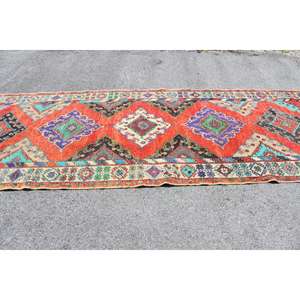 พรมวิ่งสไตล์ตุรกี ขนาด 5x13 ฟุต สีแดงน้ำเงิน ลายต้นไม้และพืช พรมขนสัตว์ - Product Image 2