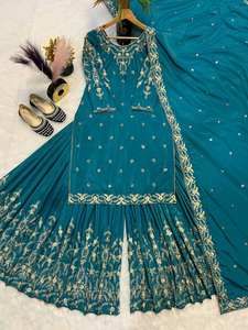 Collection de vêtements ethniques indiens Pure Crepe Silk Heavy Moti Work And Broded Work Party Wear Top and Sharara With Dupatta - Product Image 3