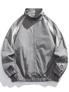 Chaqueta Deportiva Unisex Gris, Impermeable, con Cierre de Cremallera, Diseño Color Block, Corte Holgado, Capucha, Largo Regular, Material de Lona - Product Image 1