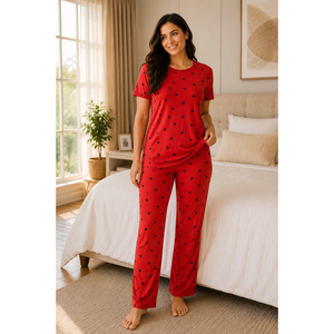 Conjunto de Pijama de 2 Piezas para Mujer, Tejido, Rojo, con Estampado de Corazones, Manga Corta, Suave, Transpirable, Personalizable, Talla XS, Cuello con Lazo, Dibujos Animados - Product Image 2