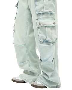 Jeans cargo à jambes larges bleu clair pour femmes, pantalon en denim taille haute avec poches à rabat boutonnées, vêtements de rue décontractés, fournisseur OEM - Product Image 3