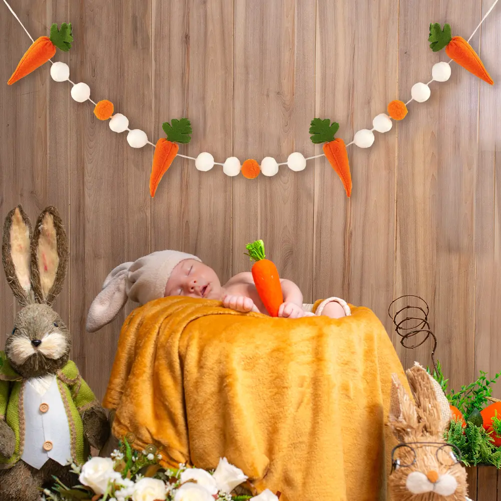 Easter Felt Garland White Orange Carrot Pom Pom Ball Banner Garland for Easter Party Baby Shower Wall Hanging Decorations