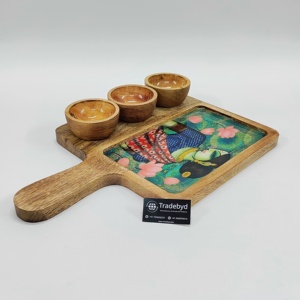 Plateau de service en bois imprimé en émail exquis avec 3 bols à sauce Tradebyd - Product Image 3