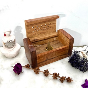 Handcrafted Mango Wood Sandalwood <b>Cone</b> <b>Incense</b> <b>Burner</b> with Carved Lid for Indian Aromatherapy and Home Fragrance - Product Image 2