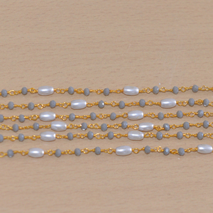 Cadena de Rosario con Cuentas Grises de 3mm y Perlas Blancas, Cadena de Alambre de Latón Chapado en Oro, por Metro, para Fabricación de Joyería DIY - Product Image 2