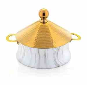 Diseño de mármol impreso, acero inoxidable chapado en oro, elegante y duradero, cazuela redonda de Metal Perfecta para servir para cada ocasión - Product Image 1