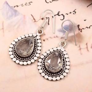 Boucles d'oreilles pendantes en argent sterling 925 avec quartz clair, bijoux faits à la main pour femmes, boucles d'oreilles statement, fournisseur en gros - Product Image 2