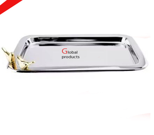 Plateau de service en acier inoxydable en métal finition argentée avec motif oiseau doré pour restaurant et bar d'hôtel - Product Image 1