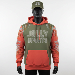 Premium 320 GSM Fleece Pullover <b>Hoodie</b> Olive Green and <b>Orange</b> Color Contrast Panels Custom Logo Rhinestone Basics <b>Hoodie</b> - Product Image 1
