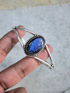 Handmade 925 <b>Sterling</b> <b>Silver</b> Adjustable <b>Cuff</b> Bangle Natural Labradorite Gemstone Boho Style Bangles for Women - Product Image 2