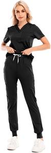 Chemise à col en V en tissu éponge Spandex noir pour femmes et pantalon à cordon Ensemble d'uniformes de gommage d'été pour hôpital - Product Image 4