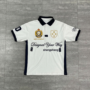 Polo Blanco Personalizado para Hombre con Logotipo Bordado, Estilo Urbano, Verano, Algodón, Manga Corta, con Ribete Azul Marino y Diseño Frontal - Product Image 2