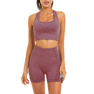 Conjunto de Yoga de dos piezas duradero para mujer, Sujetador deportivo transpirable de cintura alta y pantalones cortos de patrón sólido para Fitness - Product Image 2