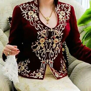 LATEST MIDDLE--EAST STYLISH EMBROIDERY on JACKET WITH EMBELLISH GOLD CRYSTAL BEADS,PEARLS,GLASS STONE WORK for PARTY-WEAR @ 2023 - Product Image 1