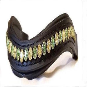 Vente en gros de fabricant indien Cuir noir de qualité supérieure Rembourré Horse Brow Band pour bride Chaîne en métal vert et doré à 1 rangée - Product Image 2