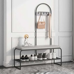 Minimalist Design Wooden <b>Shoe</b> Rack with Cushioned Seat and Hanging <b>Hooks</b> - Product Image 5