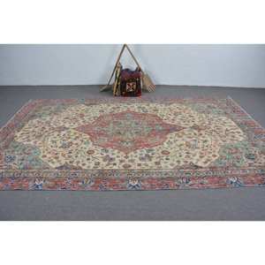 Vintage Turkish <b>Wool</b> Large Area Rug <b>Red</b> & Beige 6' X 11.5' Classic Style with Patchwork Pattern & 10mm Thickness Latex Backed - Product Image 3