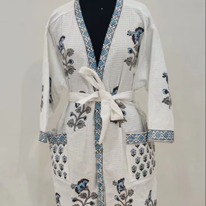 Albornoz Waffle de algodón con estampado de bloques, ligero y de absorción rápida, Kimono elegante con estampado de bloques a mano para mujer, bata de baño - Product Image 1