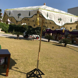 Sombrilla de jardín al aire libre hecha a mano decoración UV 50 + lona de algodón piscina patio lateral sombrilla de madera con cenefa festoneada - Product Image 1