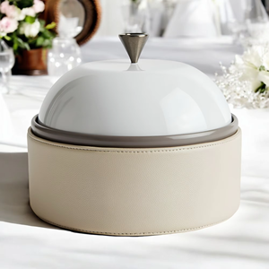 Elegante olla para servir de cuero blanco con tapa de metal brillante, perfecta para comidas elegantes y uso diario en la cocina de la India - Product Image 5