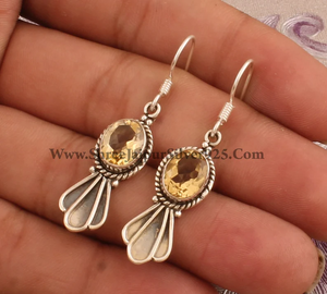 Pendientes de aro de plata antigua de diseñador hechos a mano sólidos de piedras preciosas ovaladas de citrino Natural de Plata de Ley 925 para boda - Product Image 4