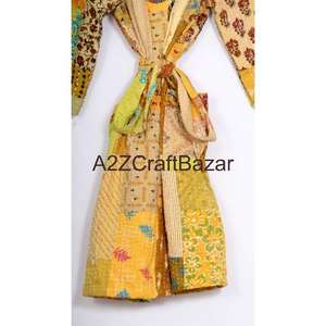 Chaqueta Kimono Kantha Elegante, Acolchada, Estampada a Mano, de Algodón, Ropa Festiva Elegante, Transpirable, Cuello en V Largo, Cierre con Cordón, Estampado Floral - Product Image 6