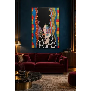 Fida, femme tenant une plume parmi des motifs colorés, impression sur toile - Product Image 5