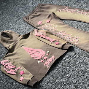 Streetwear personnalisé en détresse brodé Patch strass fermeture éclair à capuche et pantalon de survêtement ensemble hommes lavage à l'acide survêtement - Product Image 3