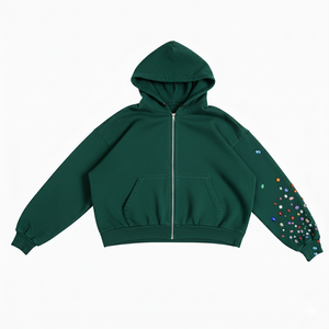 Sudadera con Capucha Personalizada de Invierno, Estilo Urbano, Lavado Ácido, Cierre de Cremallera, Diseño Desgastado, Estampado Digital con Pedrería, para Hombre y Unisex - Product Image 1