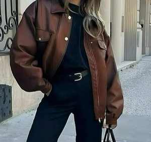 เสื้อแจ็คเก็ตหนัง PU ผู้หญิง ทรงโอเวอร์ไซส์ สไตล์วินเทจ แขนยาว แบบมอเตอร์ไซค์ แจ็คเก็ตหนังเทียม - Product Image 3