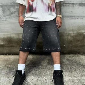 2025 High Street Trendy Pantalones cortos de mezclilla para hombre Pantalones cortos de mezclilla pesados Pantalones cortos holgados con diamantes de imitación - Product Image 5