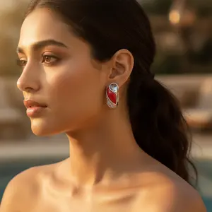 Boucles d'oreilles pendantes en argent et corail rouge pour femmes, bijoux à la mode - Product Image 1