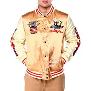 Veste universitaire en satin sur mesure de qualité supérieure pour hommes, avec tissu à l'éclat soyeux, broderie de haute qualité et look urbain élégant - Product Image 1