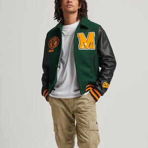 Wholesale Embroidery Logo Stand Collar Windproof for Wool Leather Sleeves Varsity Bomber Jacket - Product Image 3