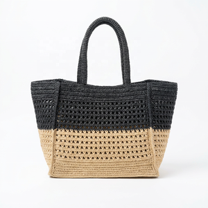 Crochet Raffia Durable Tote <b>Bag</b> <b>Women</b> Casual <b>Beach</b> Two Tone Black and Beige Hollow Out Open Top Large Capacity Parties - Product Image 1