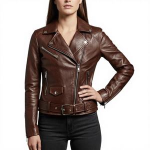 Chaqueta de Motociclista de Piel de Oveja Marrón Hecha a Mano para Mujer, Marca Leathertex Premium, Talla XS - Product Image 1