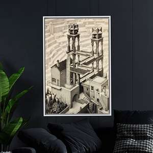 Impresión en lienzo de estructura imposible, M.C. Obra de arte inspirada en la ilusión óptica de Escher, enmarcada en blanco - Product Image 1