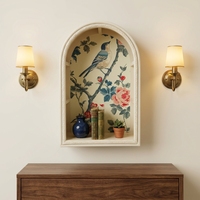Étagère murale vintage en bois cintrée avec motif oiseaux et fleurs, cadre sculpté décoratif crème, étagère murale de présentation, décoration de maison de style ferme