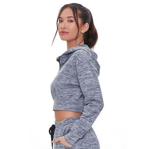 Nouveau Style en gros coton dames blanc GYM à manches longues survêtement haut court sweat LOGO personnalisé sweats à capuche courts - Product Image 2