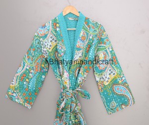 Vintage indien Kantha coton matelassé unisexe Robe longue hiver nuit porter Robe de chambre Floral poche décoration ceinture fermeture - Product Image 6