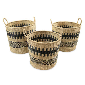 En jonc de mer naturel-panier fait main/panier en jonc de mer/panier à linge avec poignée-motif noir-lot de 3-modèle MS31 - Product Image 1